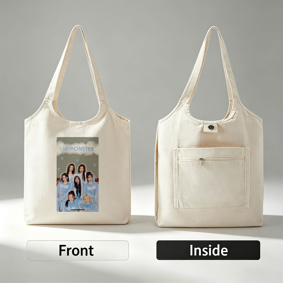 BABYMONSTER Group Photo in Matching Blue Hoodies with Cloud and Heart Design Background - Canvas shoulder bags/