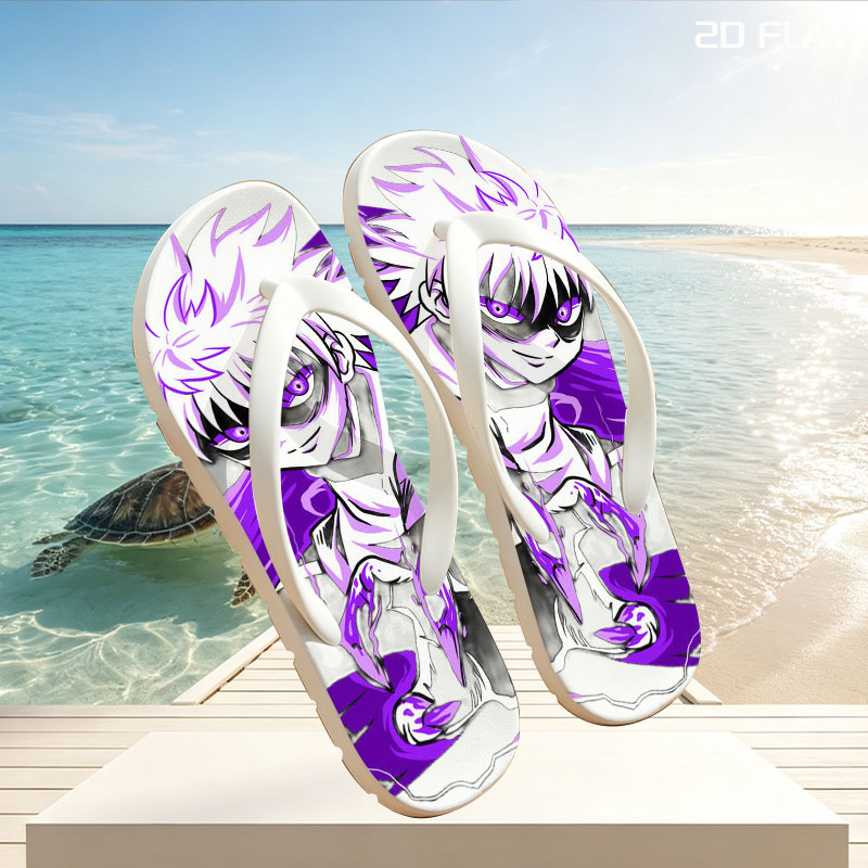 Saitama from One Punch Man in a dynamic pose with purple energy effects -  flip-flops