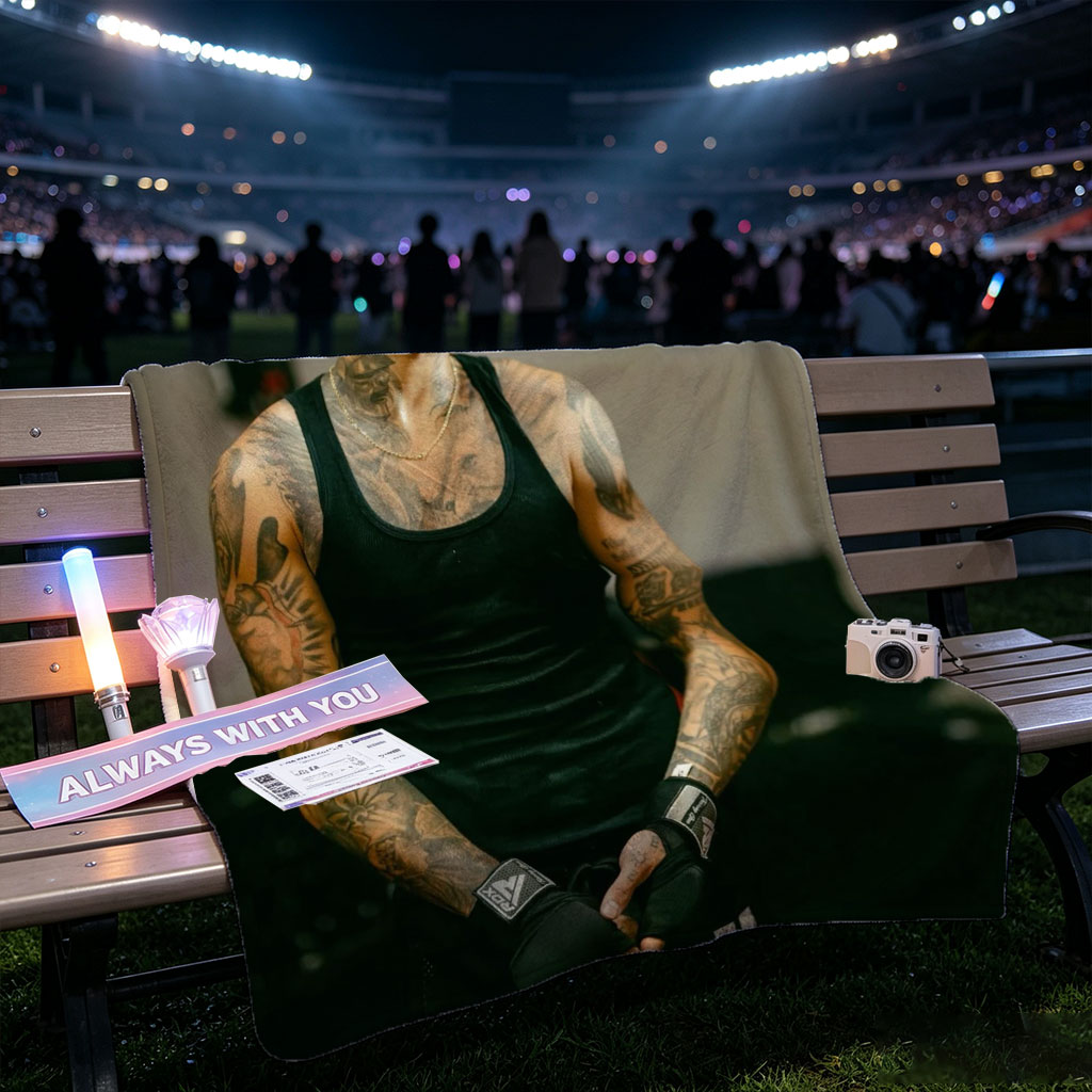 Bad Bunny in Workout Gear with Tattoos and Boxing Wraps - Blankets