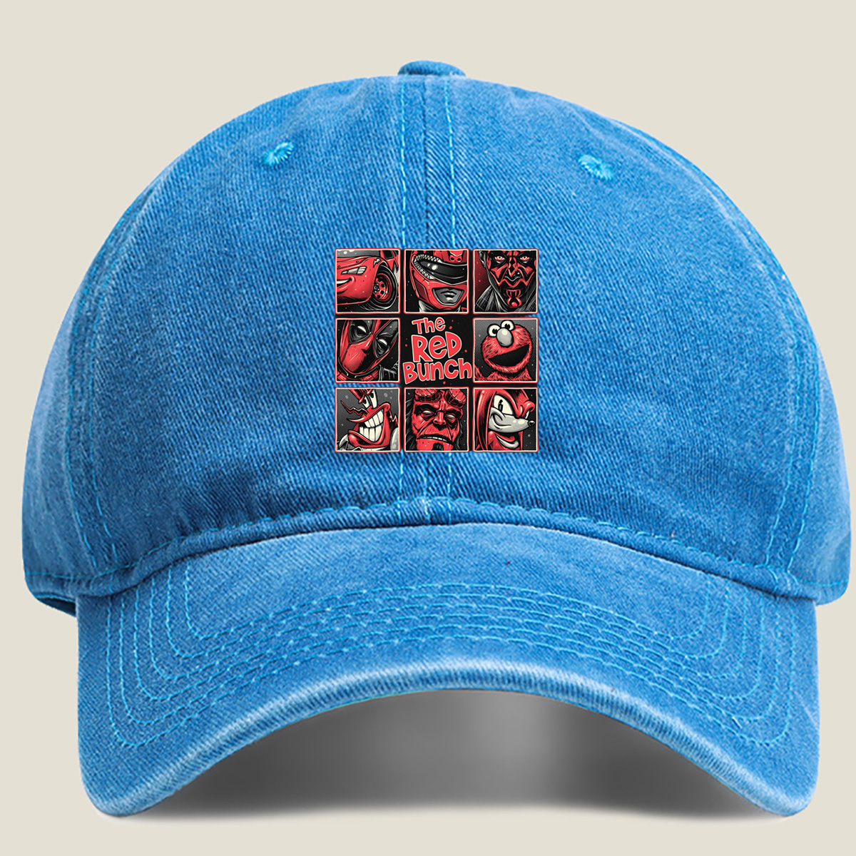 The Red Bunch: Lightning McQueen, Darth Maul, Deadpool, Elmo, Dr. Seuss's The Grinch, Hellboy, and Knuckles - Washed Denim - Baseball Cap