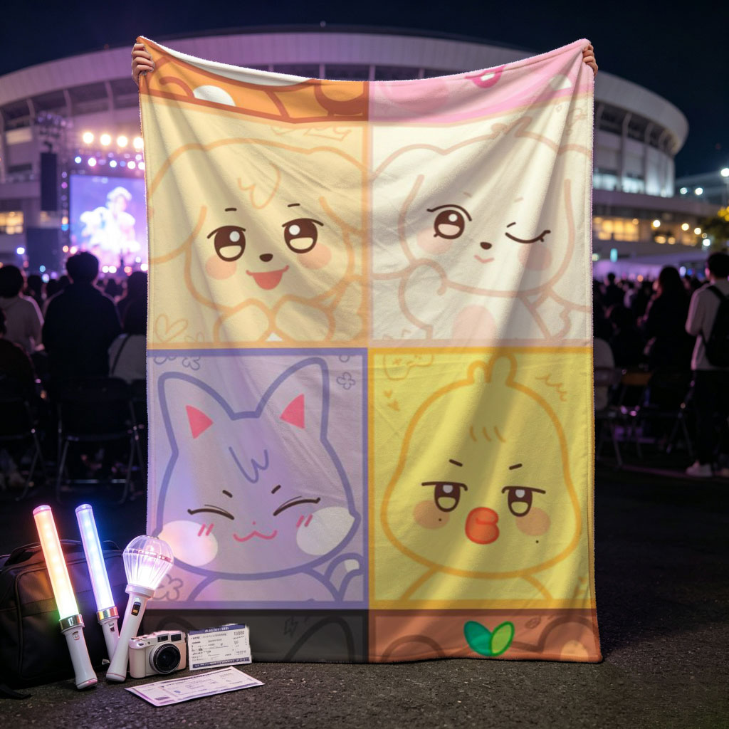 Cute Animal Characters Grid Featuring Kawaii Cartoon Animals in Colorful Squares - Blankets