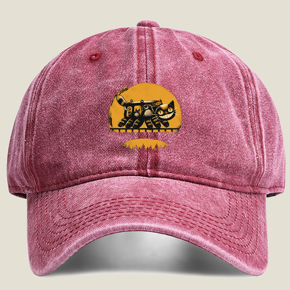 Catbus and Totoro on a Moonlit Journey - Washed Denim - Baseball Cap