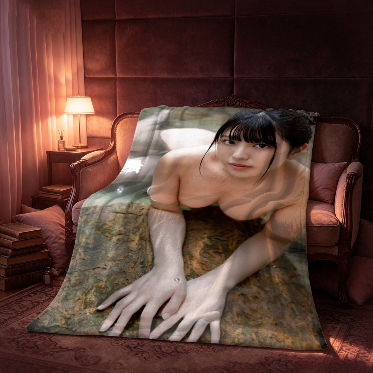 Nude brunette posing on chair in retro room - Blanket