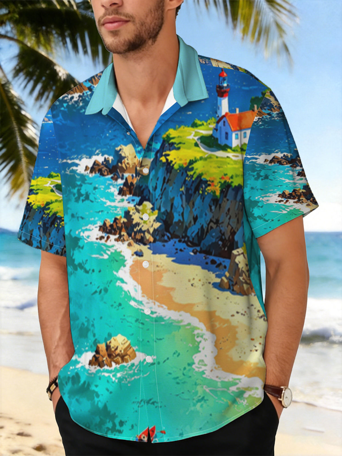 Coastal Lighthouse and Turquoise Bay with Boats -  Shirt