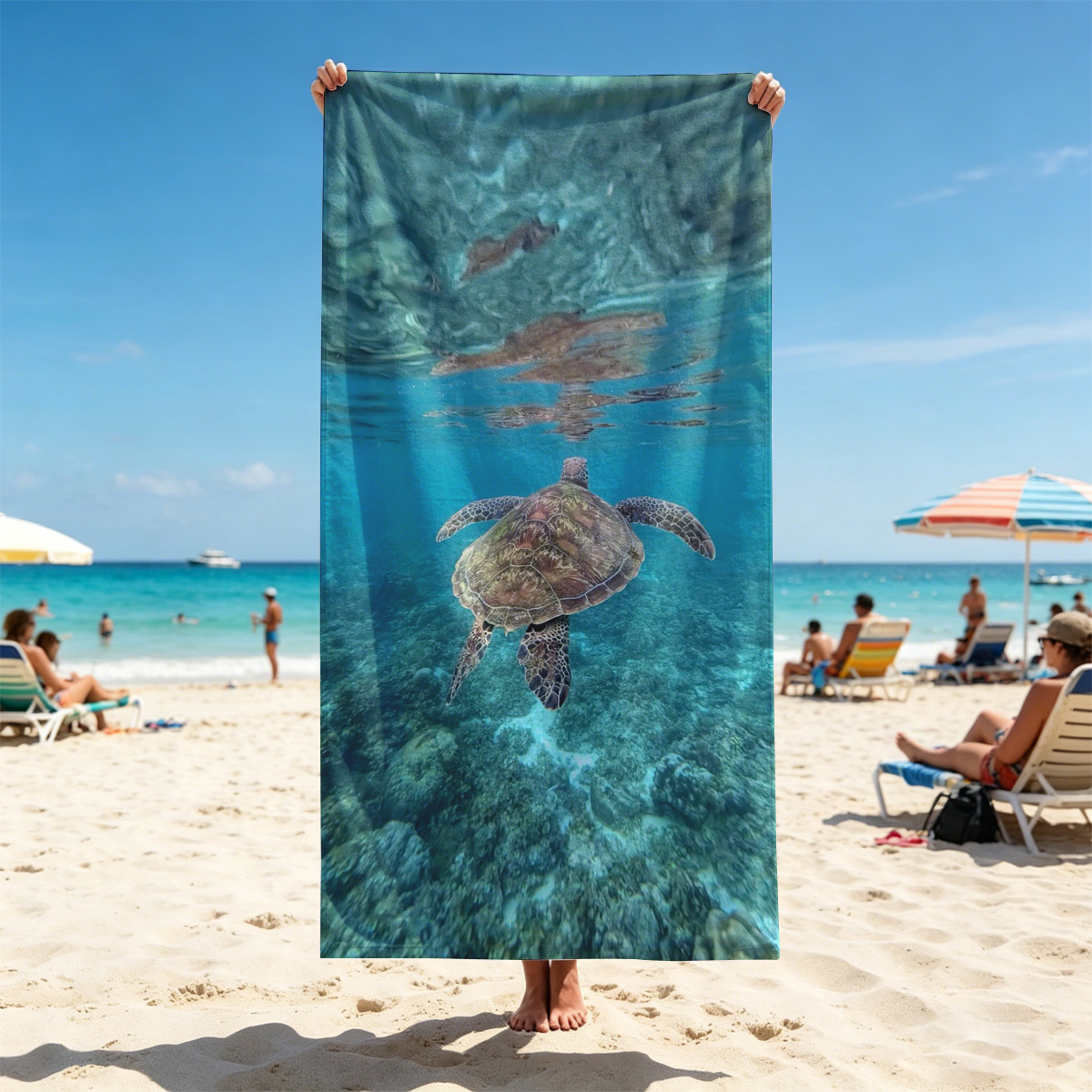 Sea Turtle Swimming in Clear Blue Waters - Beach towels