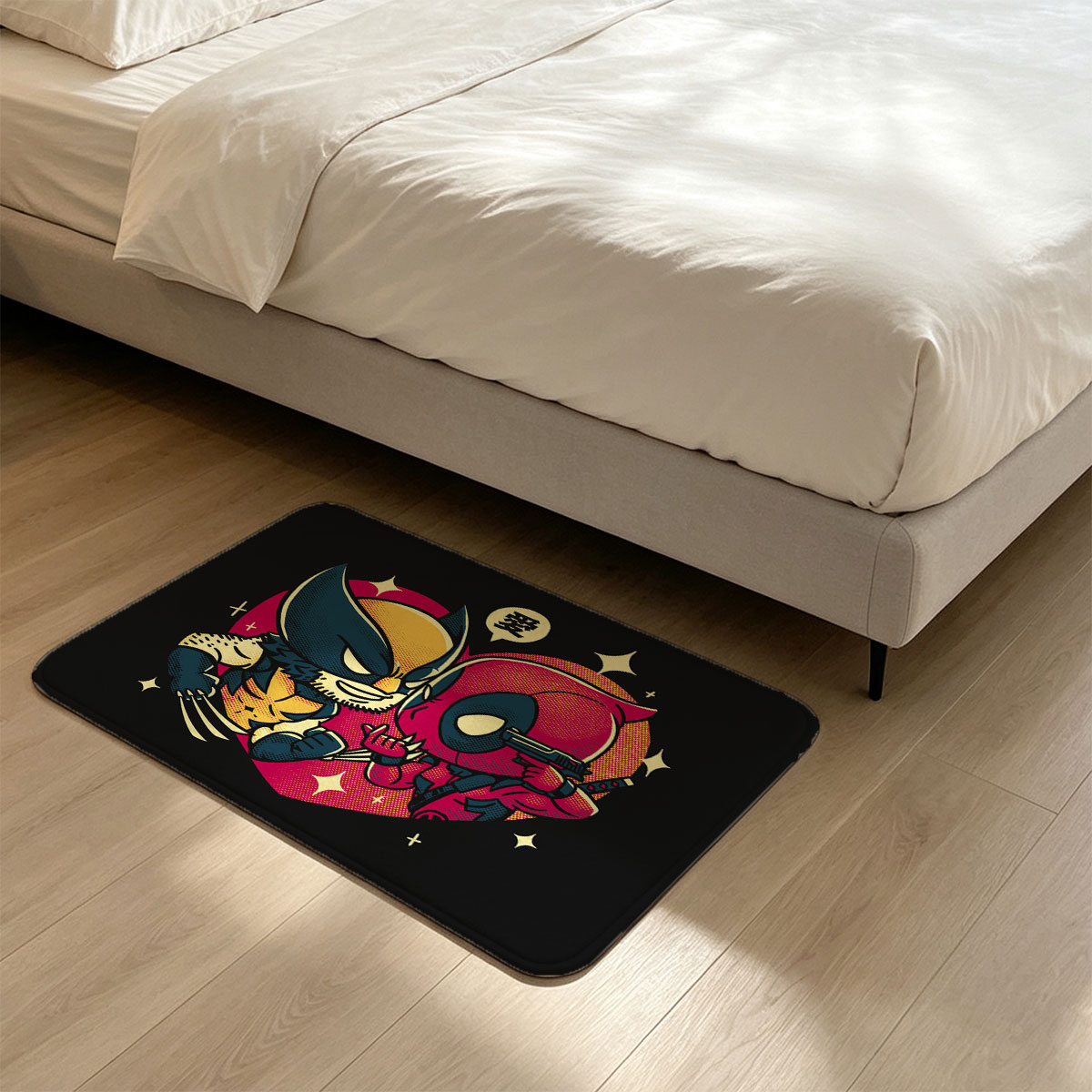 Wolverine and Deadpool in a Heart-Shaped Embrace with Love Symbol - Flannel floor mat