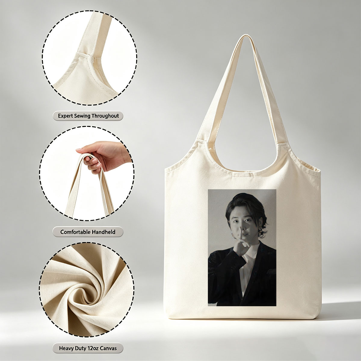 Kai from EXO in a dramatic pose with finger on lips, wearing a sparkling black suit and white shirt, set against a neutral background. - Canvas shoulder bags/