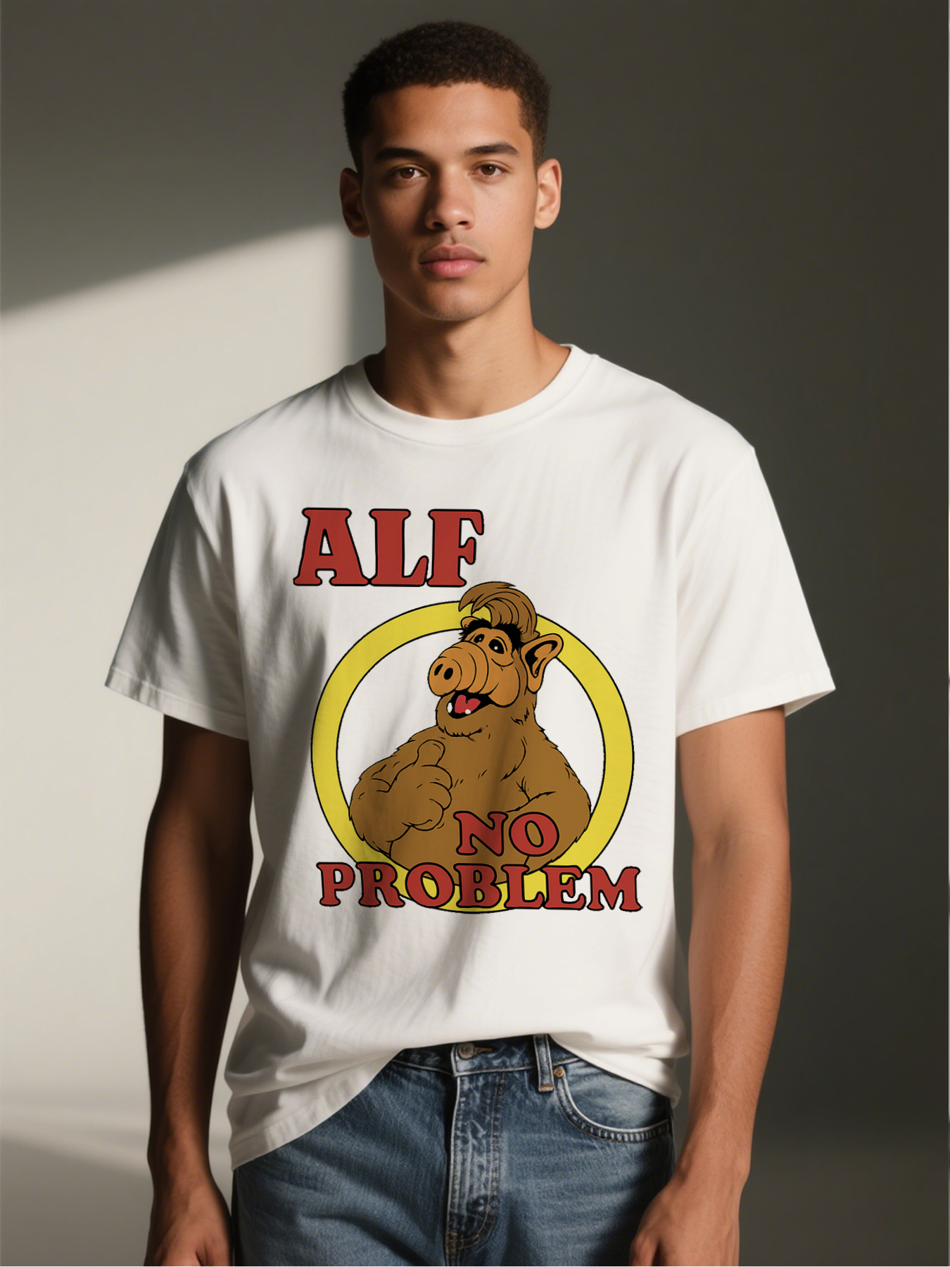 Men's Printed T-Shirt ALF No Problem Cartoon Character Design Casual Round Neck Summer Lightweight Breathable Short Sleeve T-Shirt for Fans of Classic TV Shows and Pop Culture Enthusiasts