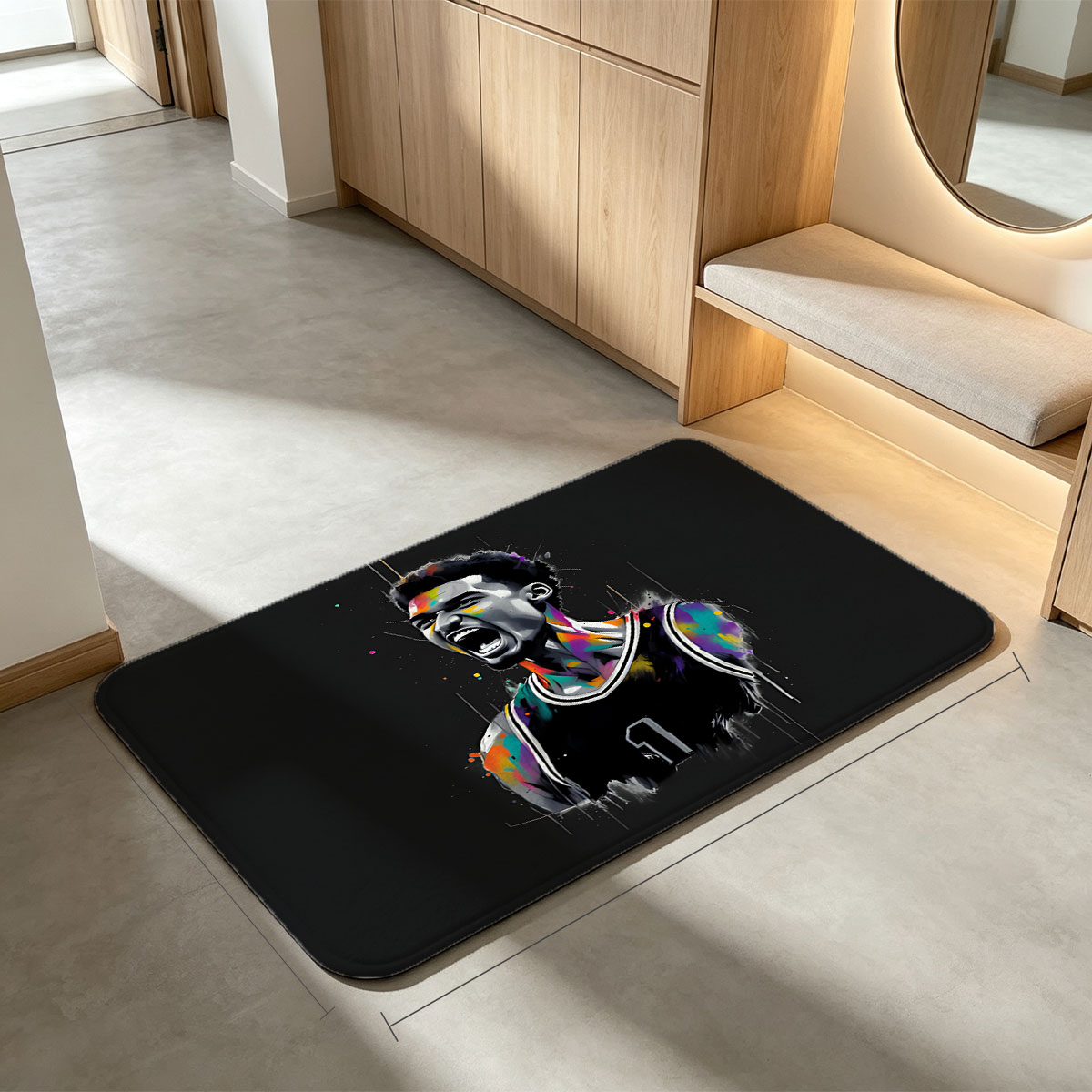 Derrick Rose in a vibrant, expressive basketball jersey with dynamic splashes of color. - Flannel floor mat