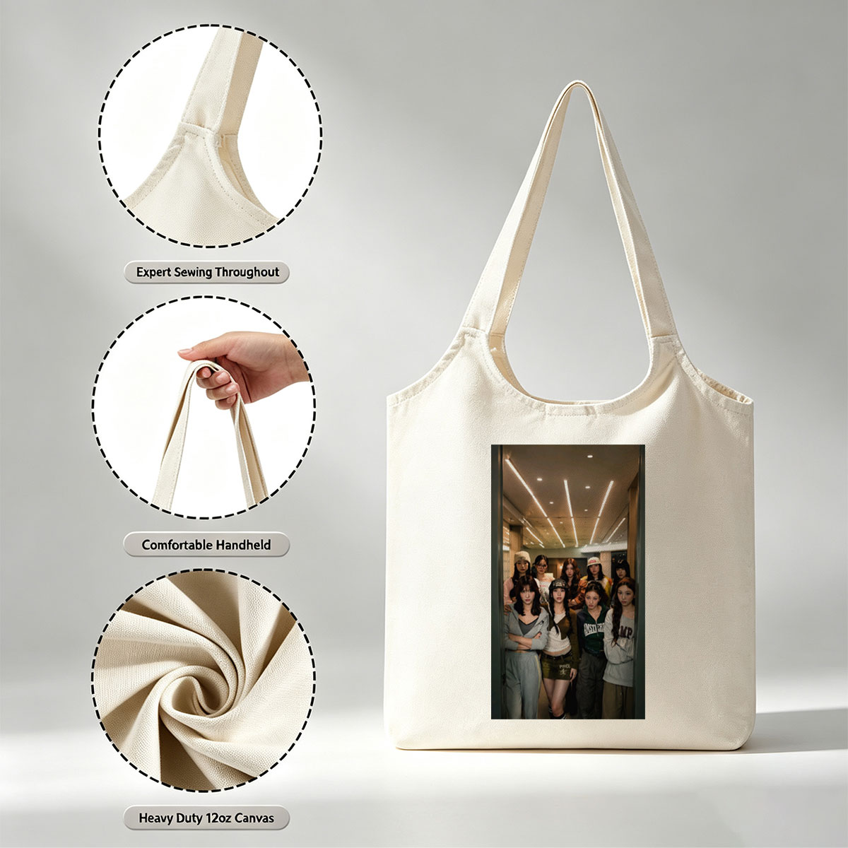 Kep1er Group Photo in Modern Indoor Setting with Casual Streetwear Fashion - Canvas shoulder bags/