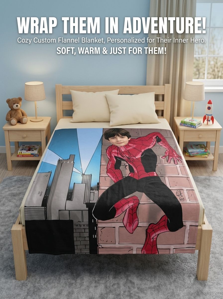 Custom Face Photo Superhero Flannel Blanket Soft Personalized Throw for Bed and Sofa Ideal Gift for Kids and Family