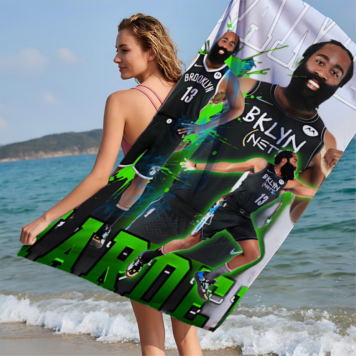 James Harden in Brooklyn Nets Jersey, Dynamic Basketball Action Pose - Beach towels