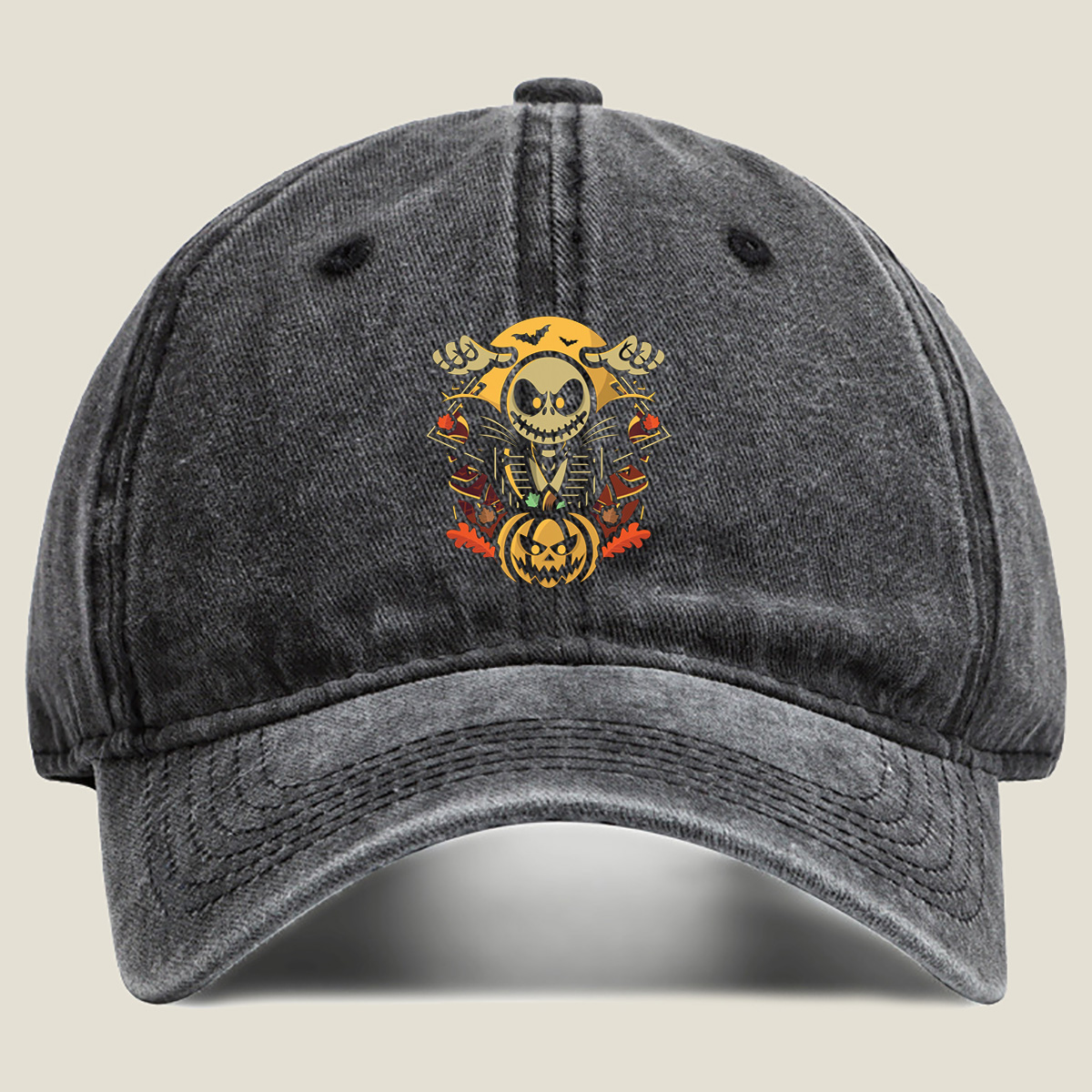 Jack Skellington and Pumpkin King Halloween Design - Washed Denim - Baseball Cap