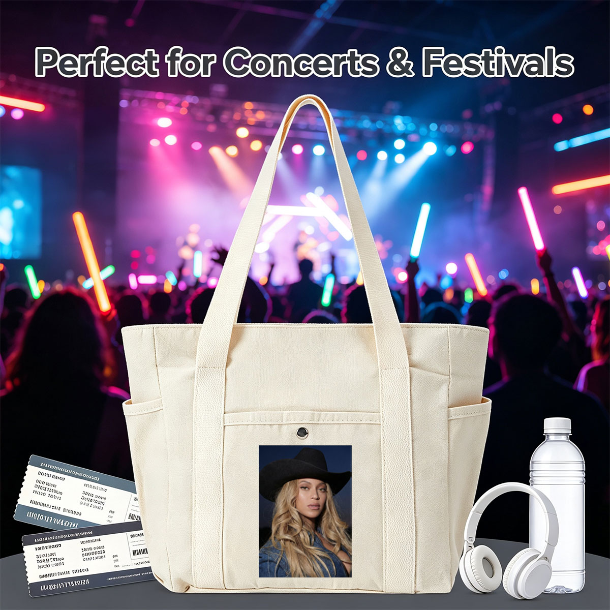 Beyonce in Cowboy Hat and Denim Jacket Against Dark Sky Background - Multi-pocket bags