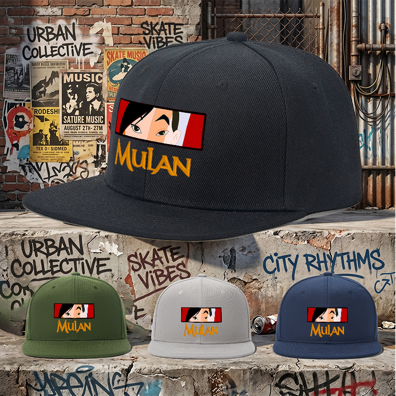 Flat Brim Baseball Cap Mulan Face Graphic Streetwear Underground Skate Style for Basketball Court Skate Park Urban Scene Skaters Rappers Streetwear Enthusiasts