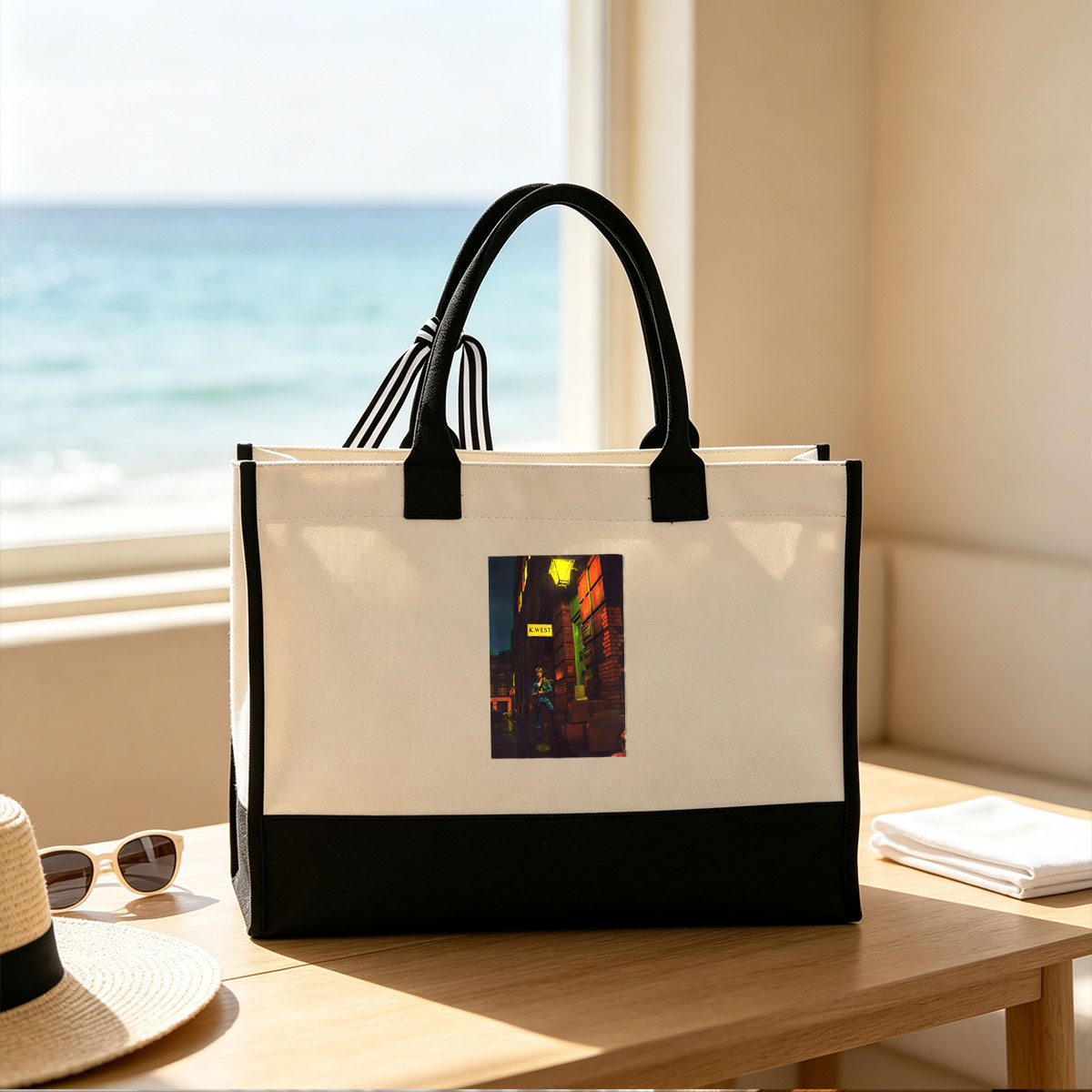 K.West Alley Night Scene with Guitarist - Canvas patchwork gift tote bag