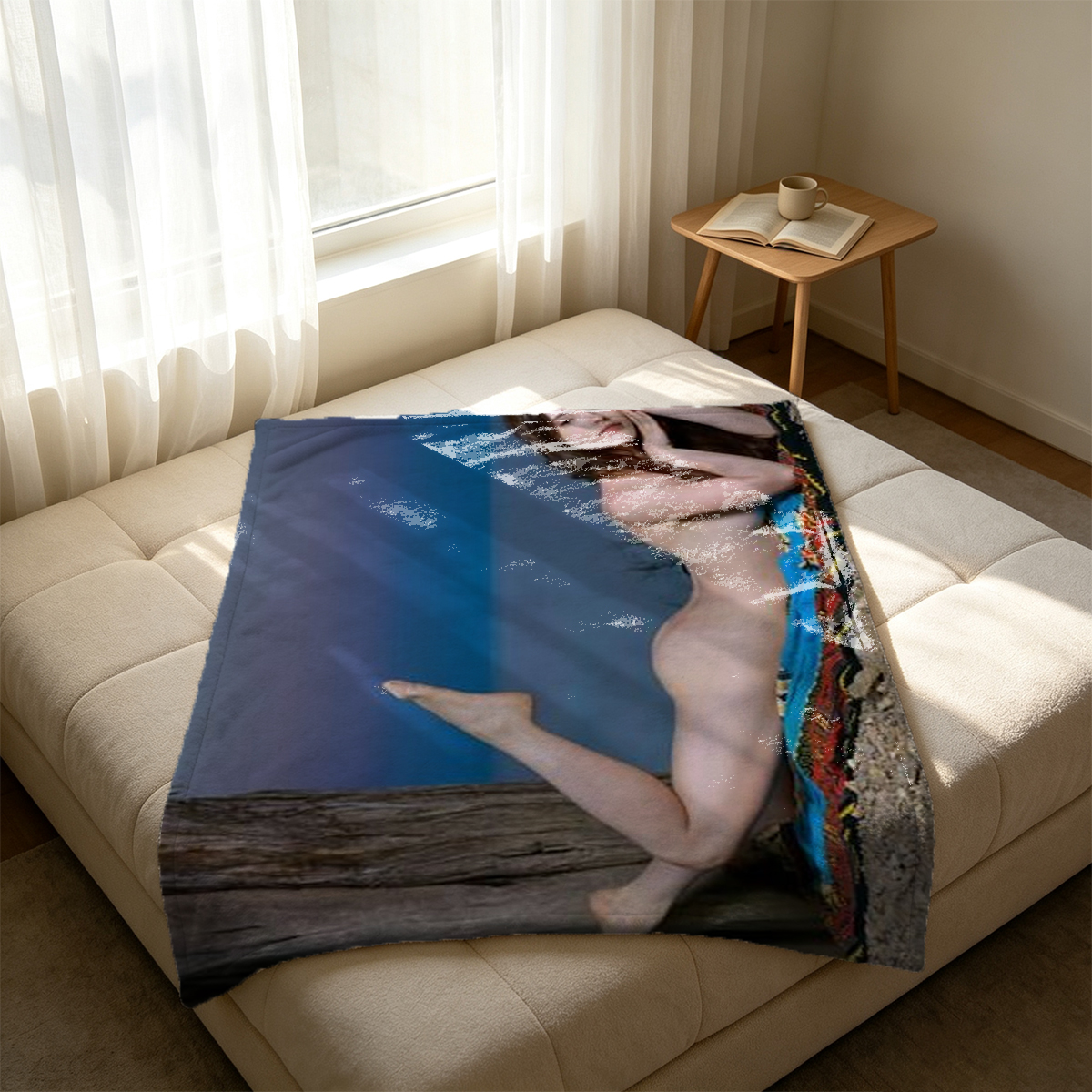 Two nude women in bed, one wearing a white lace headpiece. - Blanket