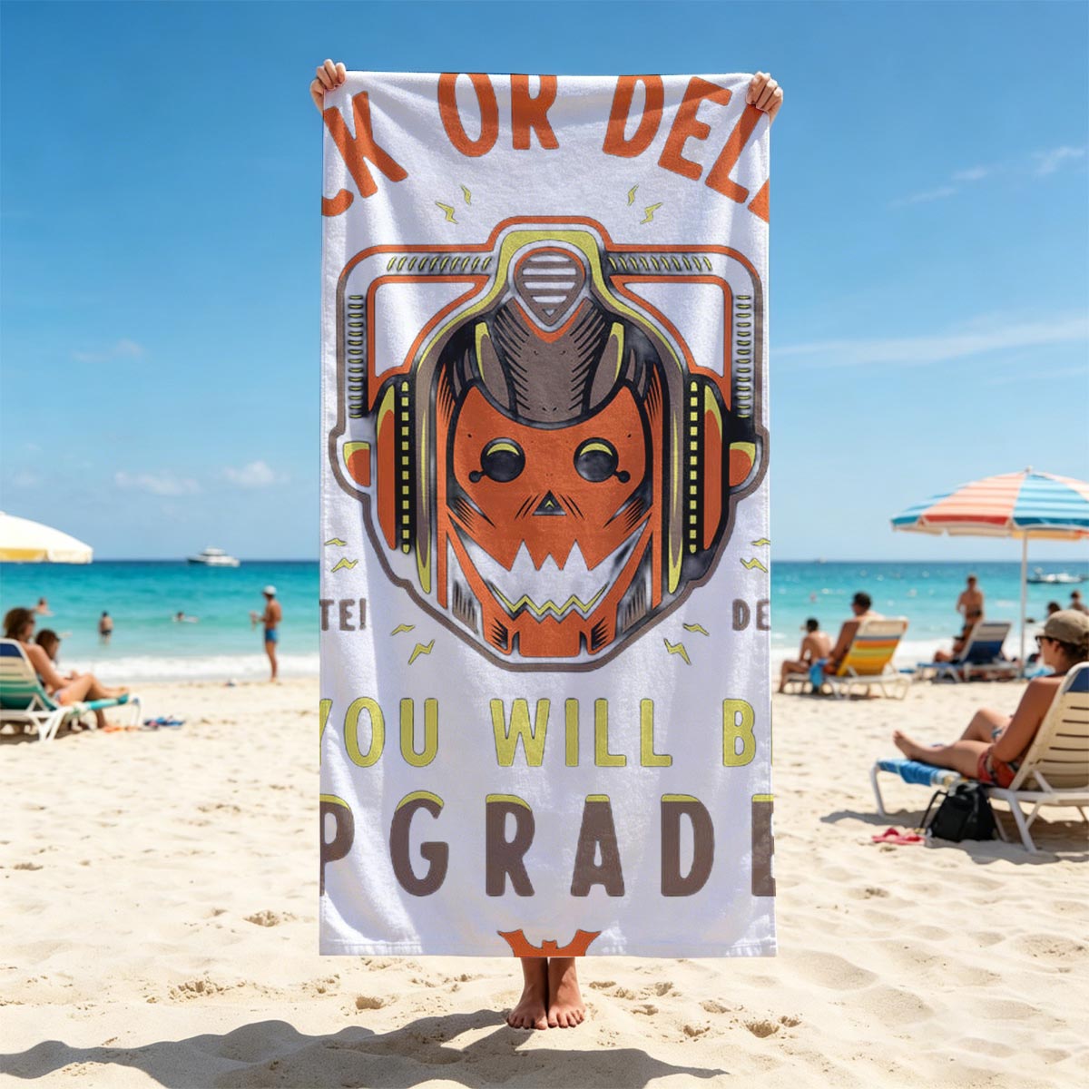 Trick or Delete: Halloween Cyberpunk Pumpkin with Helmet and Upgrade Threat - Beach towels