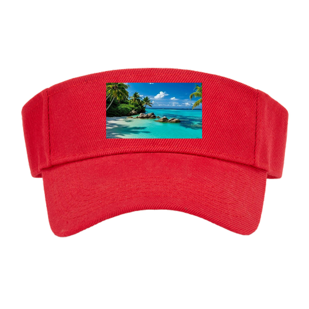 Couple relaxing on a tropical beach with turquoise waters and palm trees -  Visor cap
