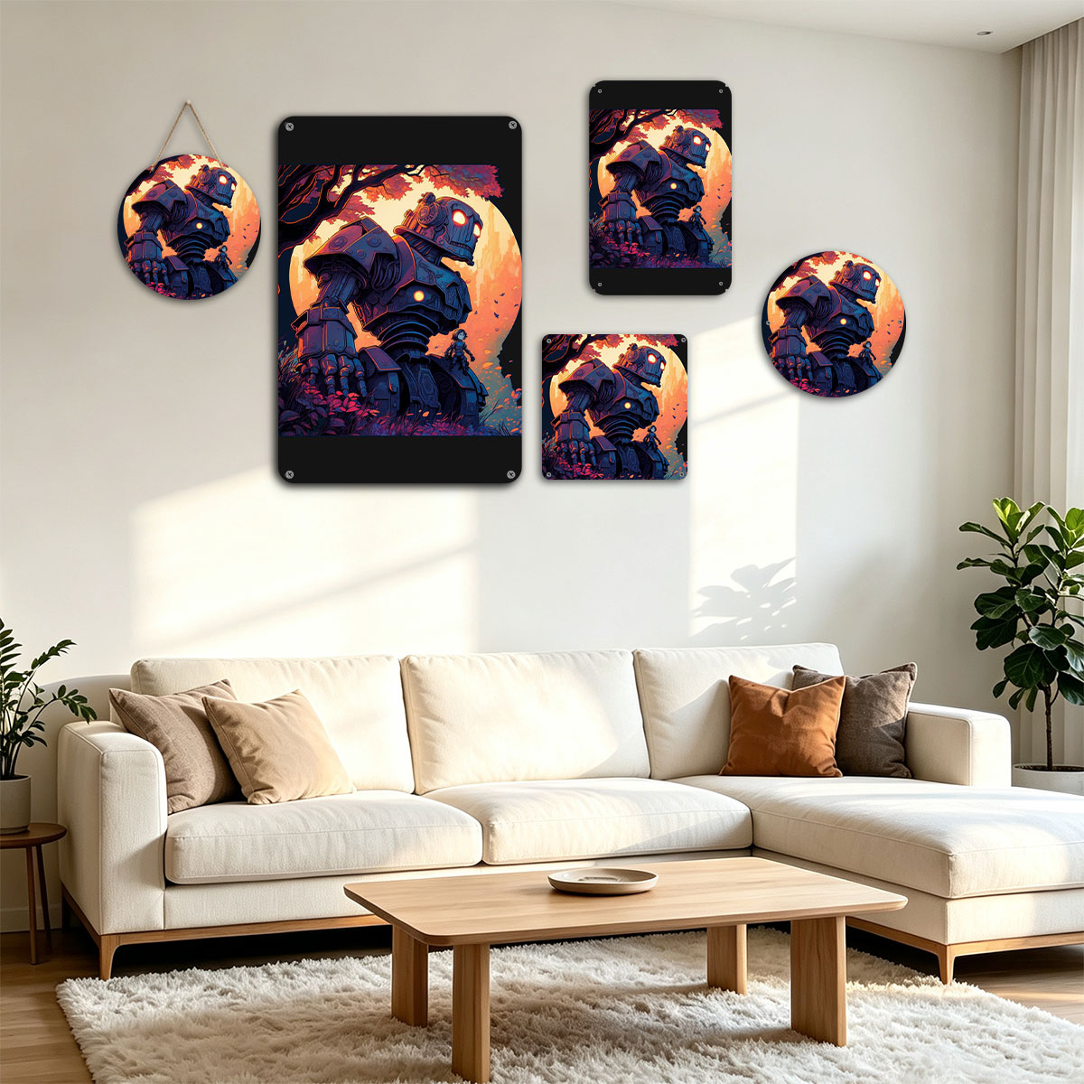 Giant Robot and Child in Autumn Forest at Sunset - painting