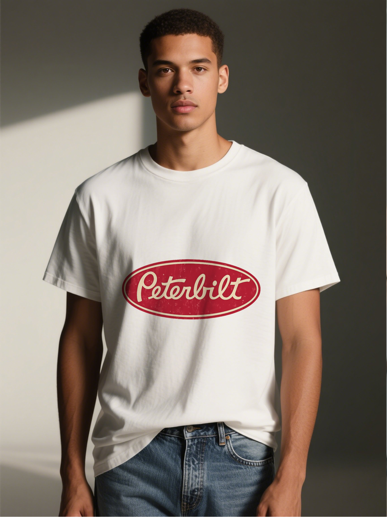 Men's Peterbilt Logo Print T-Shirt Classic Oval Design Casual Round Neck Lightweight Breathable Summer Short Sleeve Tee for Truck Enthusiasts and Outdoor Activities Adult Unisex Fit