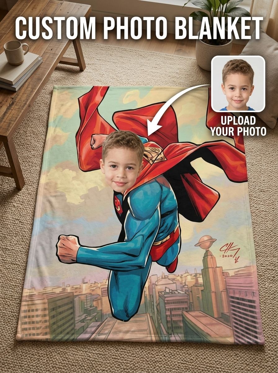 Custom Superhero Face Blanket, Personalized Photo Upload Flannel Fleece Throw, Ultra Soft Cozy Keepsake Gift for Kids
