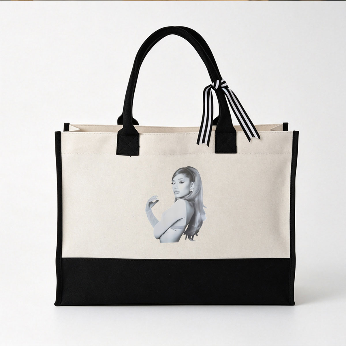 Ariana Grande in Monochrome Fashion Pose - Canvas patchwork gift tote bag