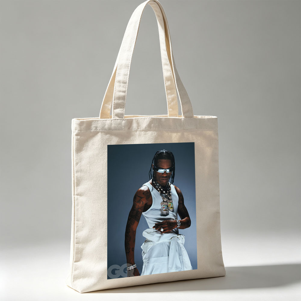 Travis Scott in a Fashion Editorial Pose Wearing a White Tank Top and Statement Jewelry for GQ - Canvas tote bags