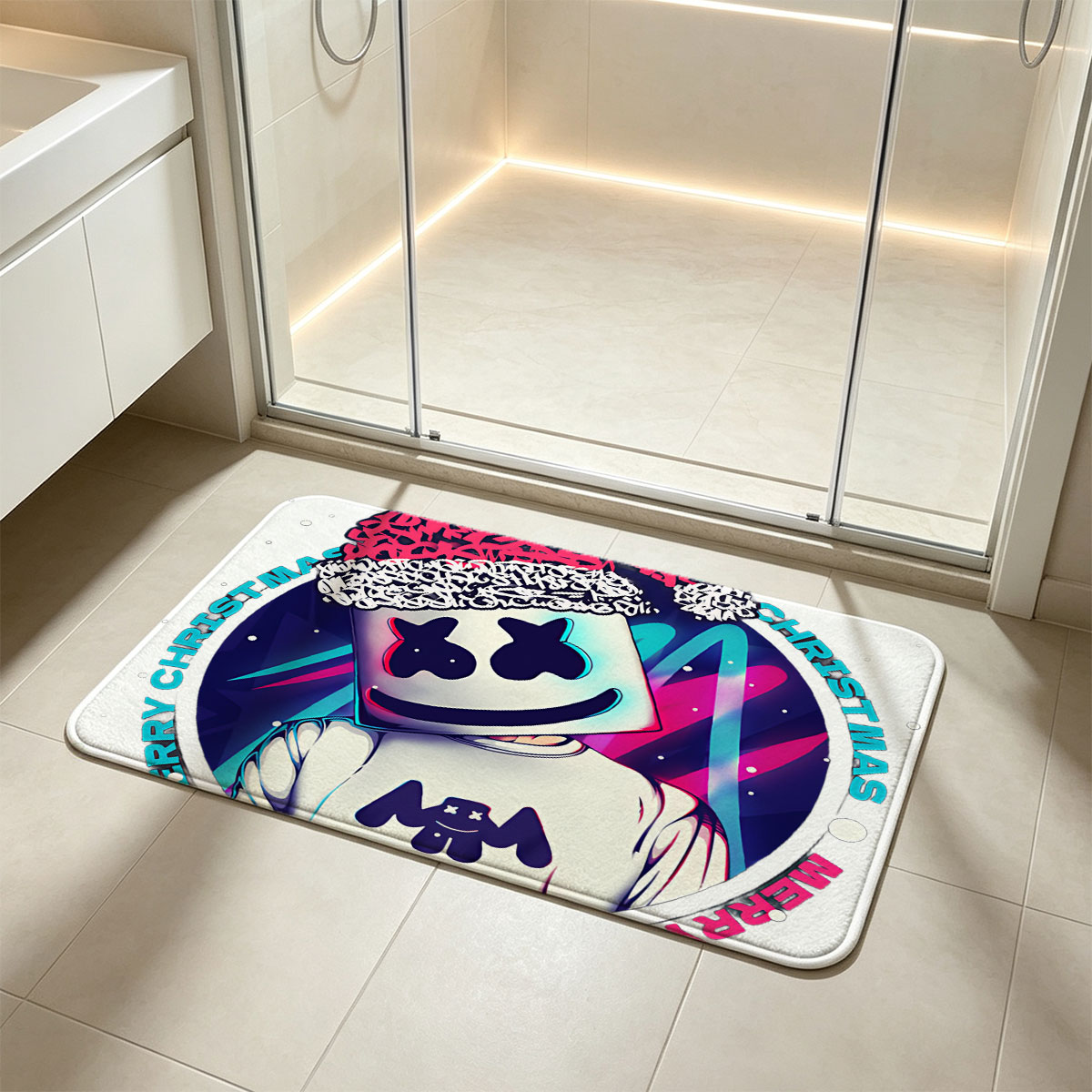 Marshmello Wears Santa Hat, Merry Christmas Celebration - Flannel floor mat