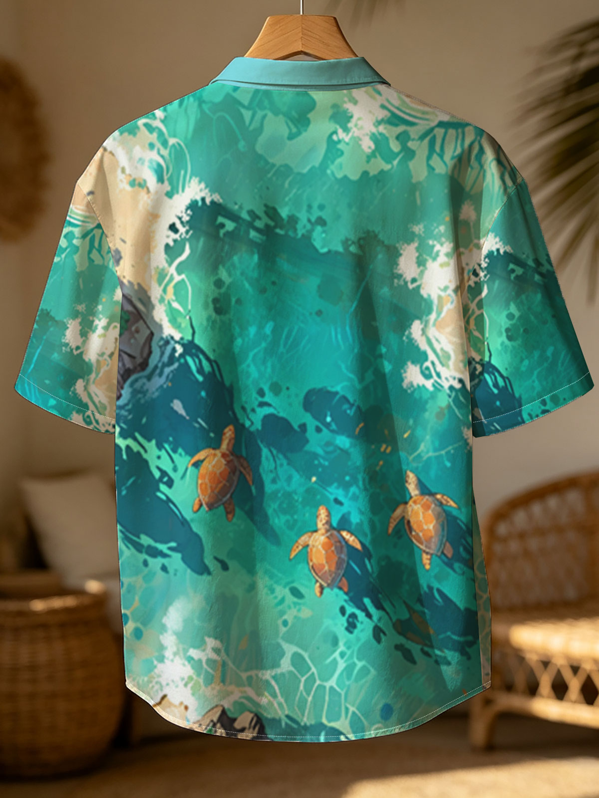 Turtles swimming in crystal-clear tropical waters near sandy shores and palm trees. -  Shirt
