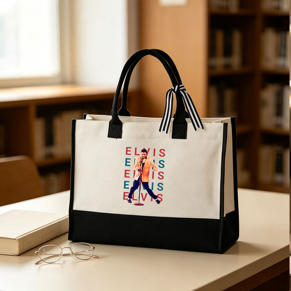 Elvis Presley Performing on Stage with Microphone - Canvas patchwork gift tote bag