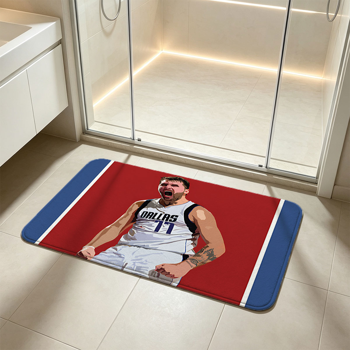 Luka Doncic, Dallas Mavericks #77, Basketball Player, Celebrating on Court - Flannel floor mat