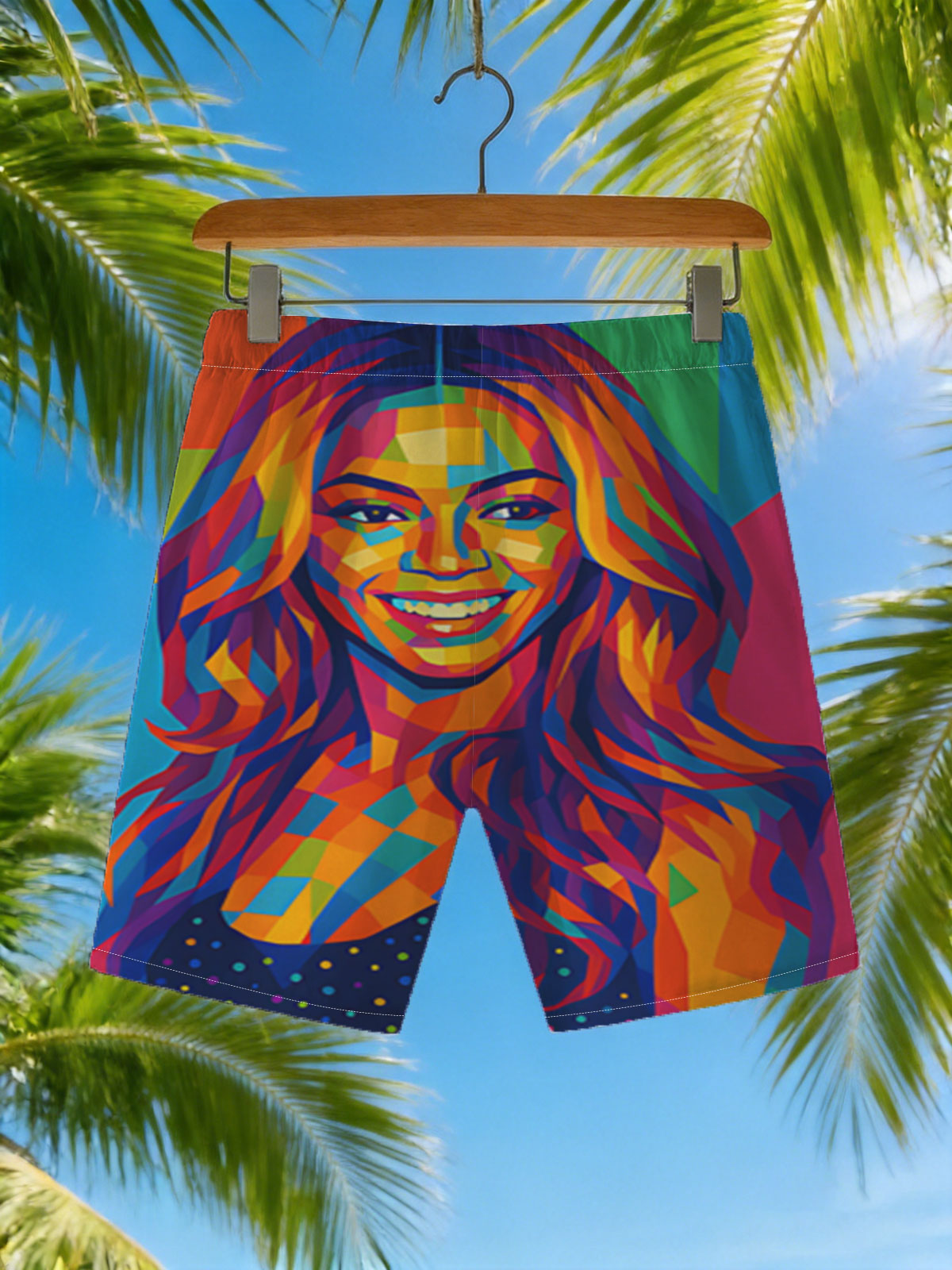 Colorful Portrait of a Smiling Woman with Vibrant Geometric Patterns -  Beach shorts