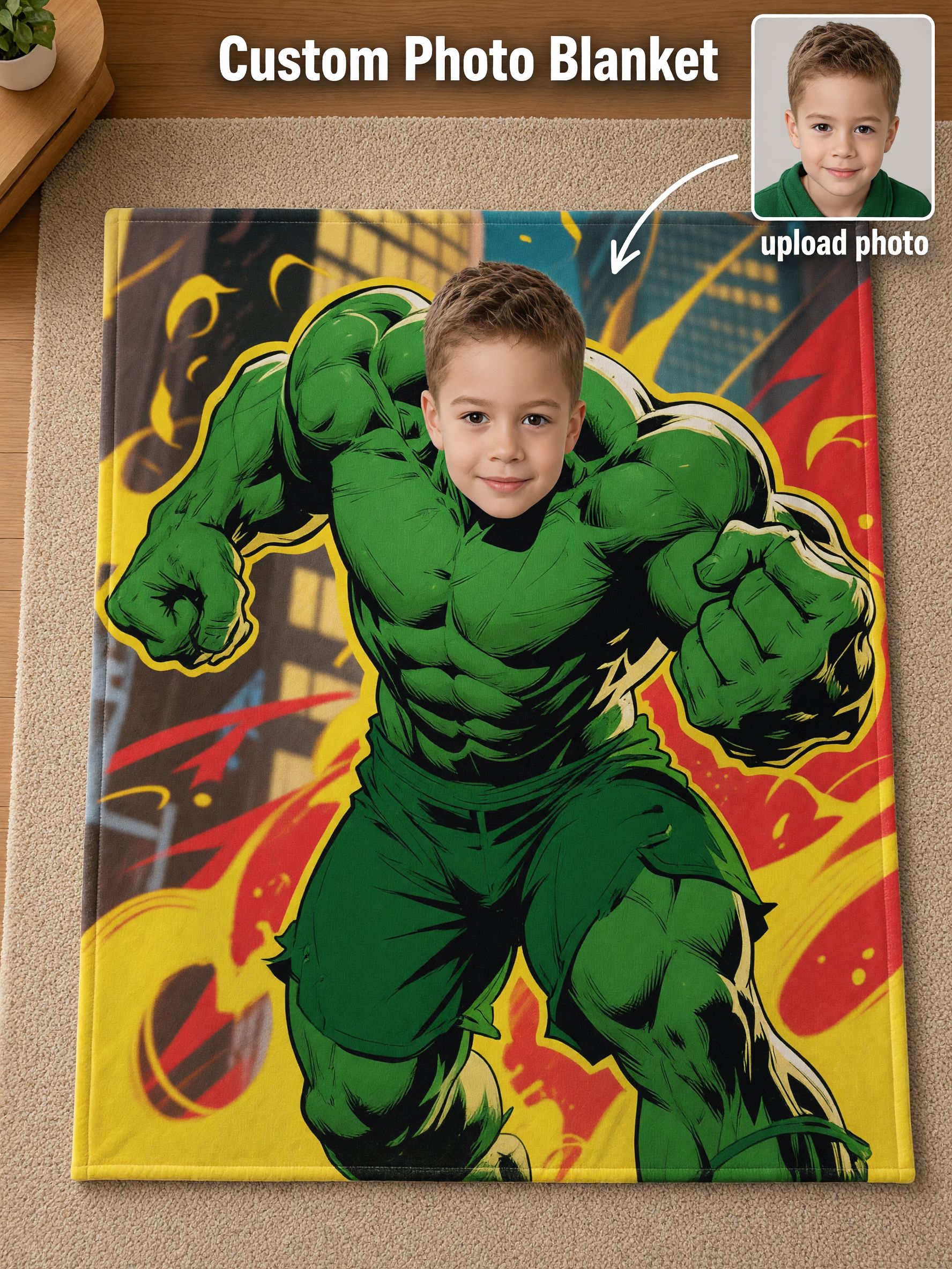 Custom Face Superhero Photo Flannel Blanket, Ultra Soft Anti-Pilling Cozy Throw, Ideal Personalized Gift for Kids