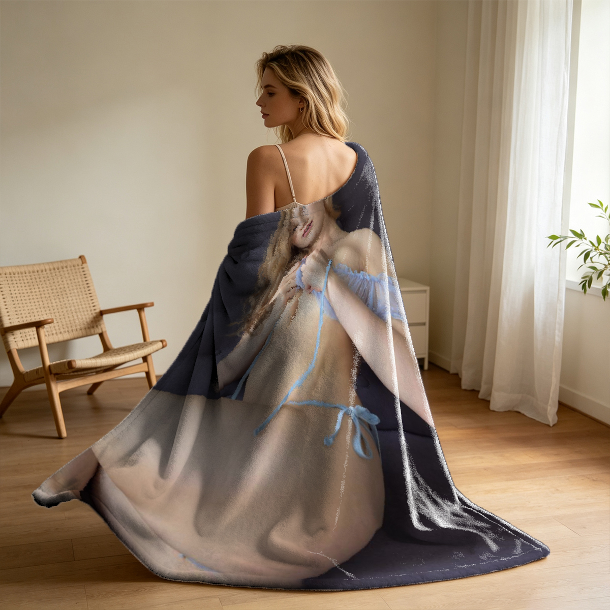 Gorgeous young woman in teal lingerie posing in luxury room. - Blanket