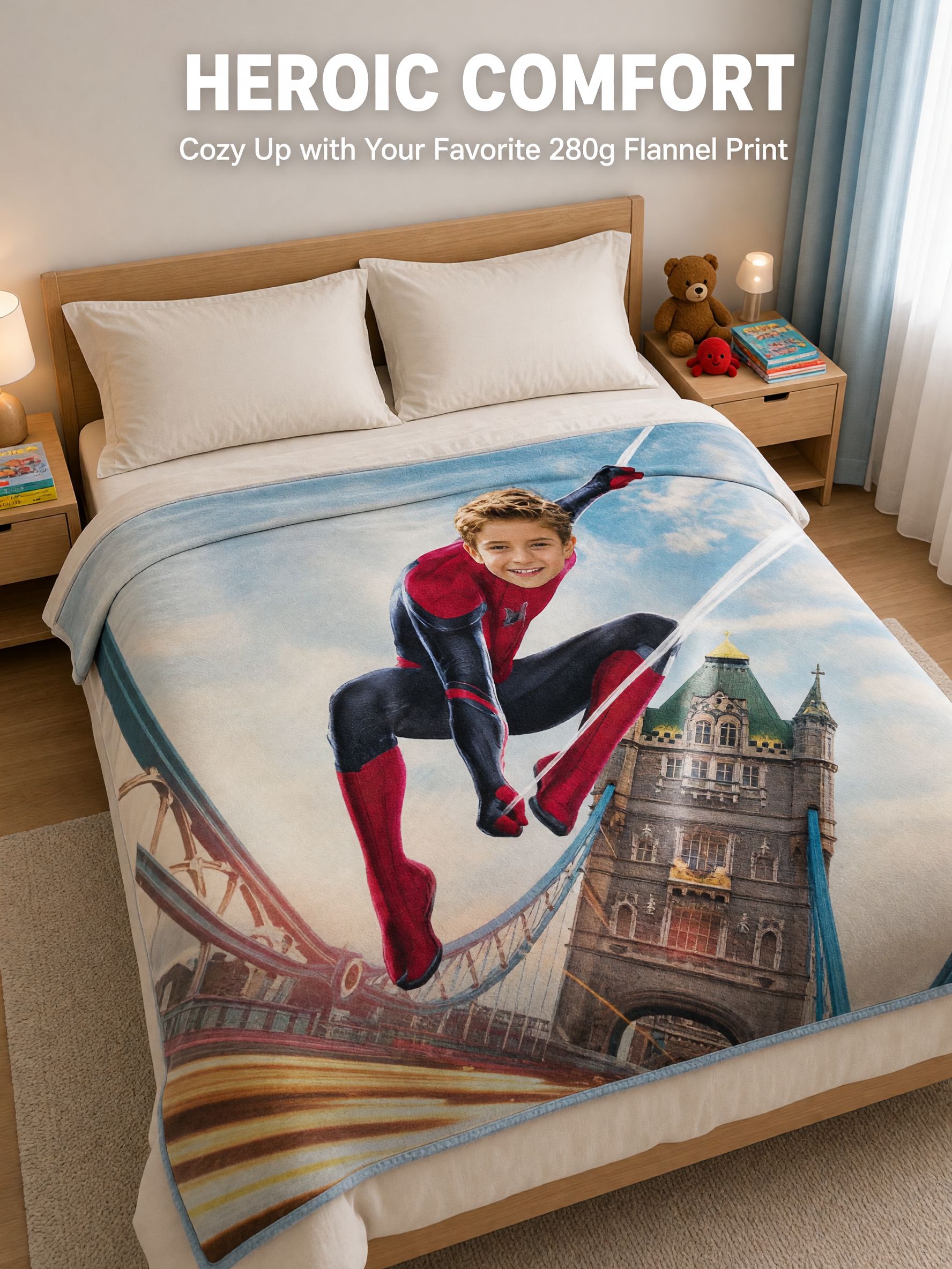 Personalized Superhero Photo Flannel Fleece Blanket Custom Face Portrait Throw for Kids Bed Couch Cozy Keepsake Gift