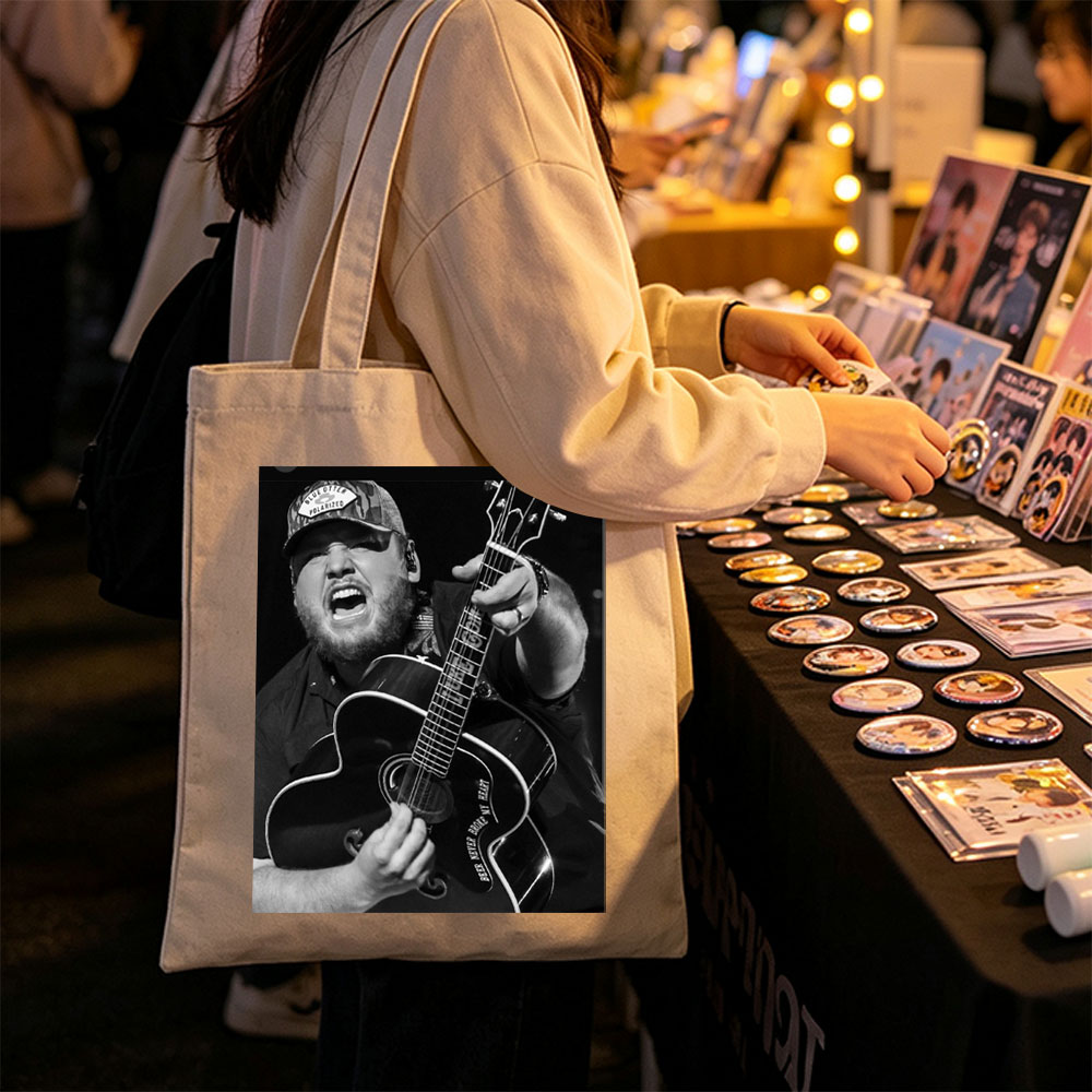 Luke Combs Performing with Acoustic Guitar in Black and White Photo - Canvas tote bags
