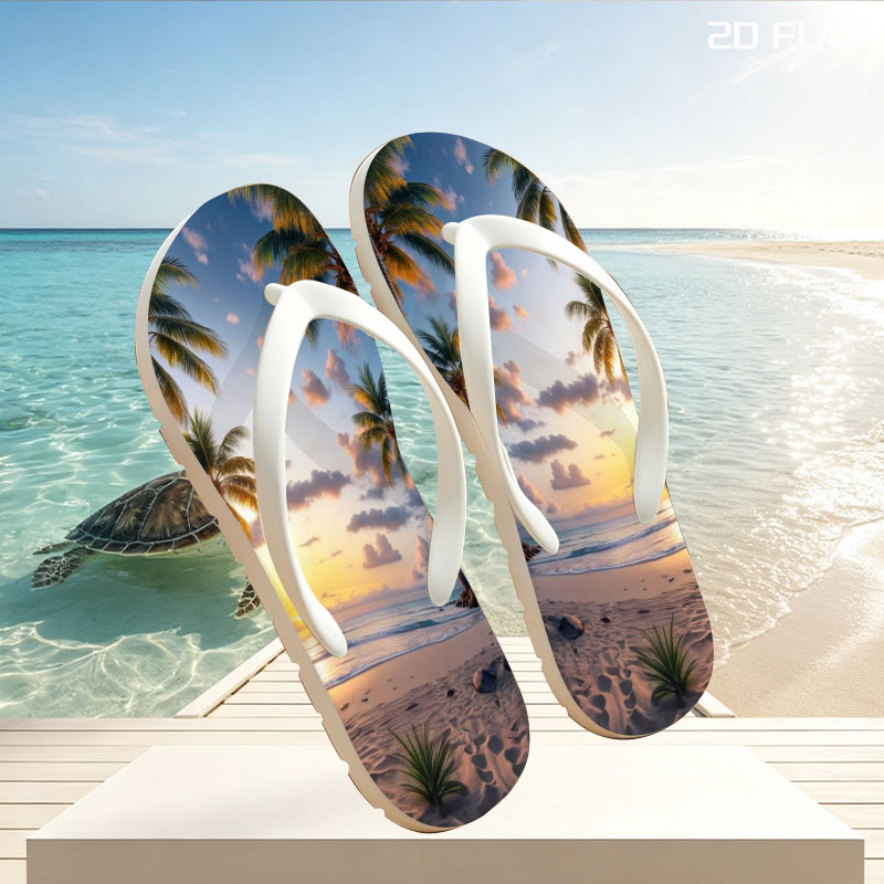 Tropical Sunset Beach with Palm Trees and Calm Ocean -  flip-flops