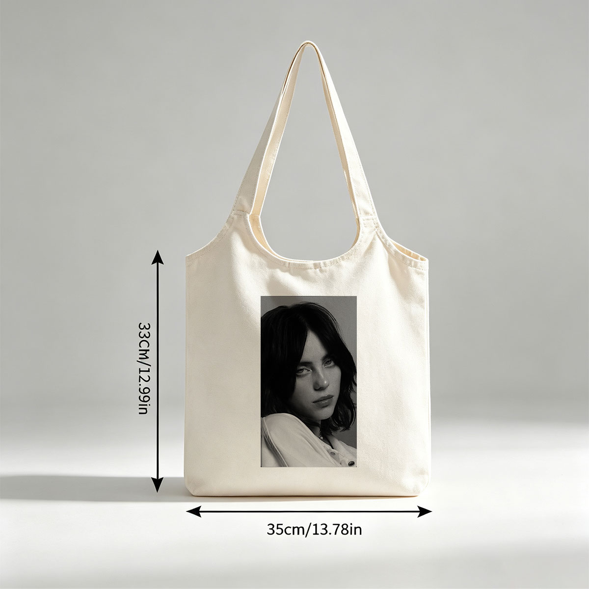 Billie Eilish in a Monochrome Portrait Wearing a White Shirt with a Delicate Necklace - Canvas shoulder bags/