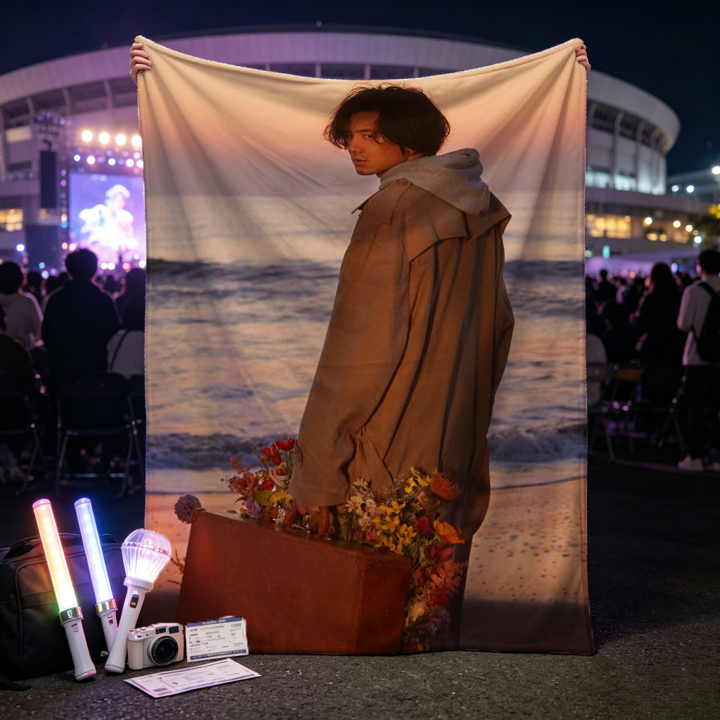 Takuya Kimura on Beach at Sunset Holding Flower-Adorned Suitcase - Blankets