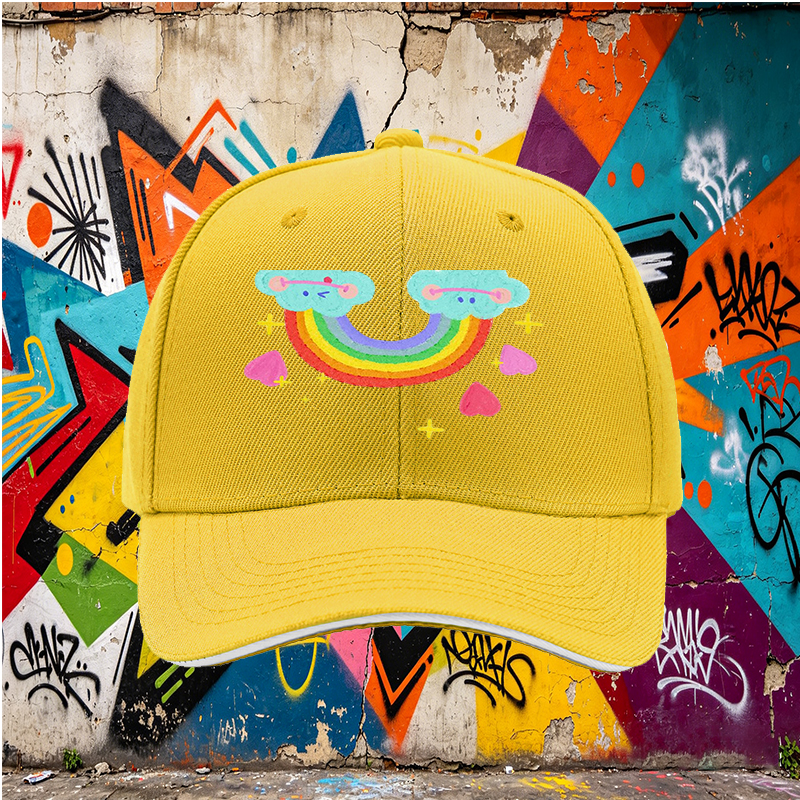 Unisex Classic Sandwich Hat with Rainbow Clouds and Hearts Print - Perfect for Casual Outings, Festivals, and Everyday Wear - Ideal for Teens and Young Adults Seeking Fun, Colorful Accessories