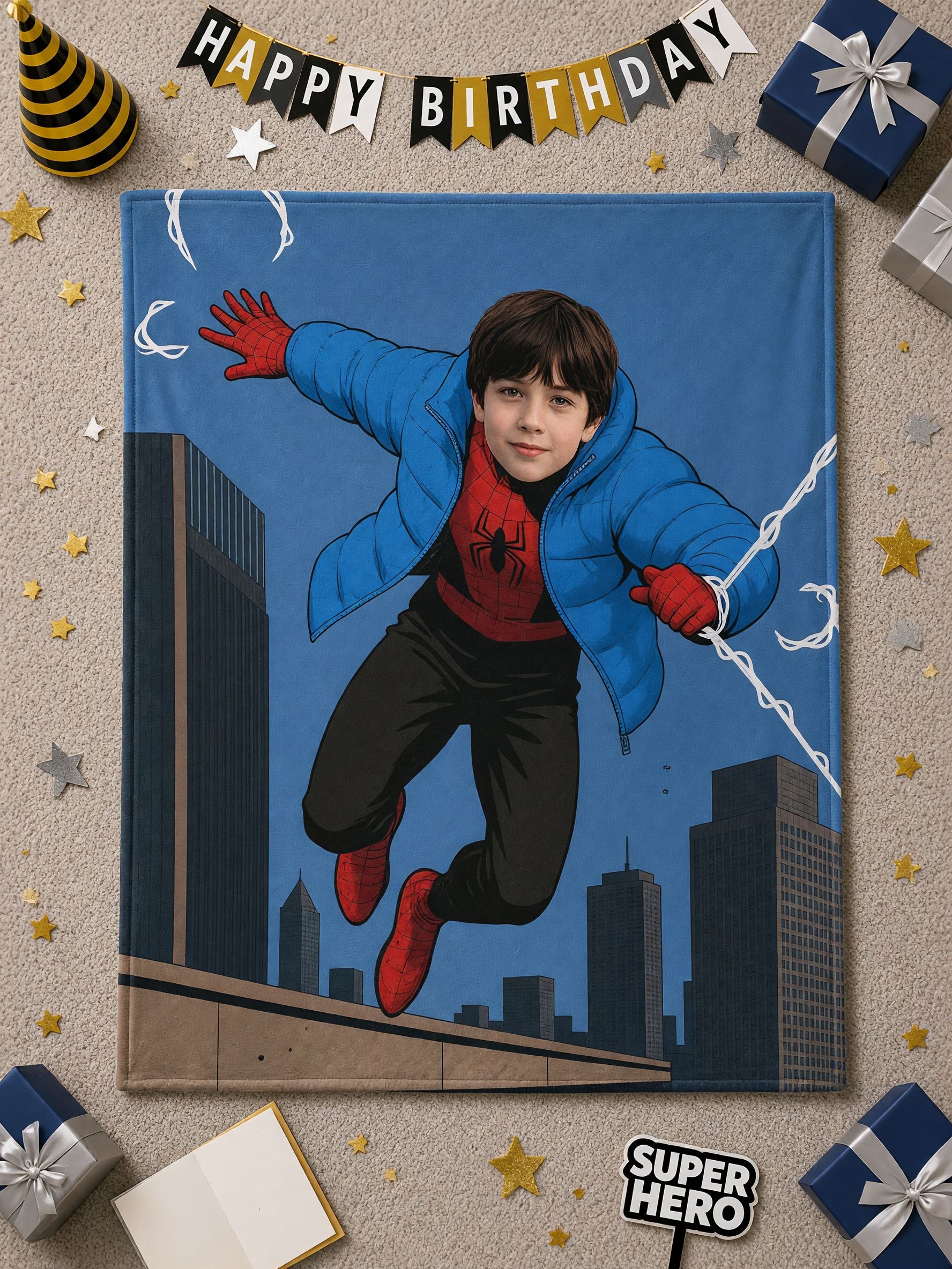 Custom Face Superhero Blanket Personalized Photo Flannel Fleece Throw, Warm Cozy Gift for Kids and Family