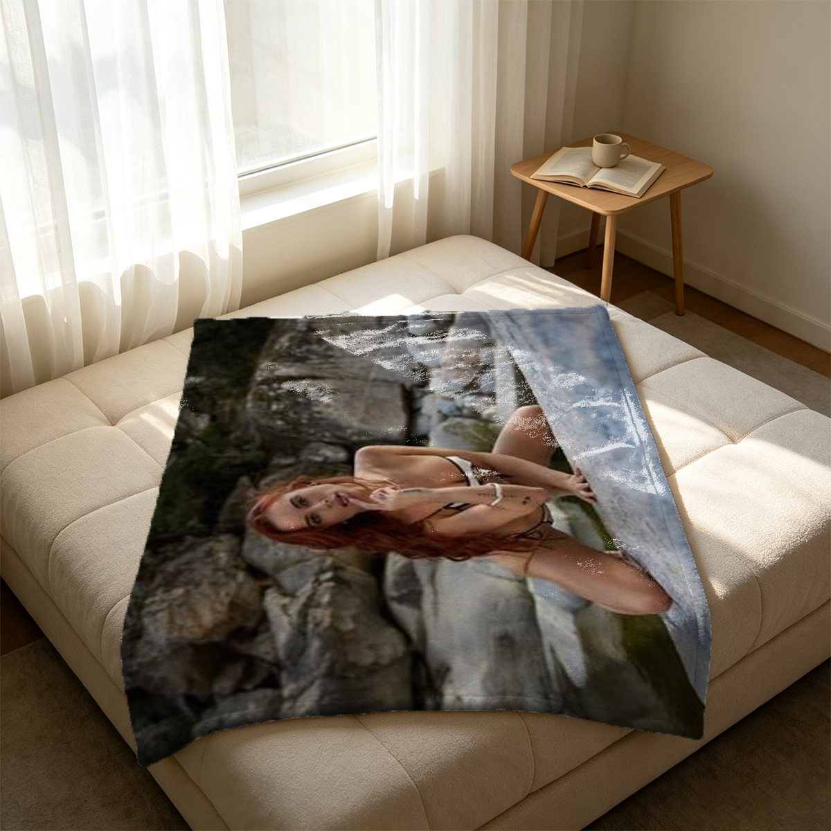 Nude redhead with lilac bouquet covering her face on wooden table. - Blanket