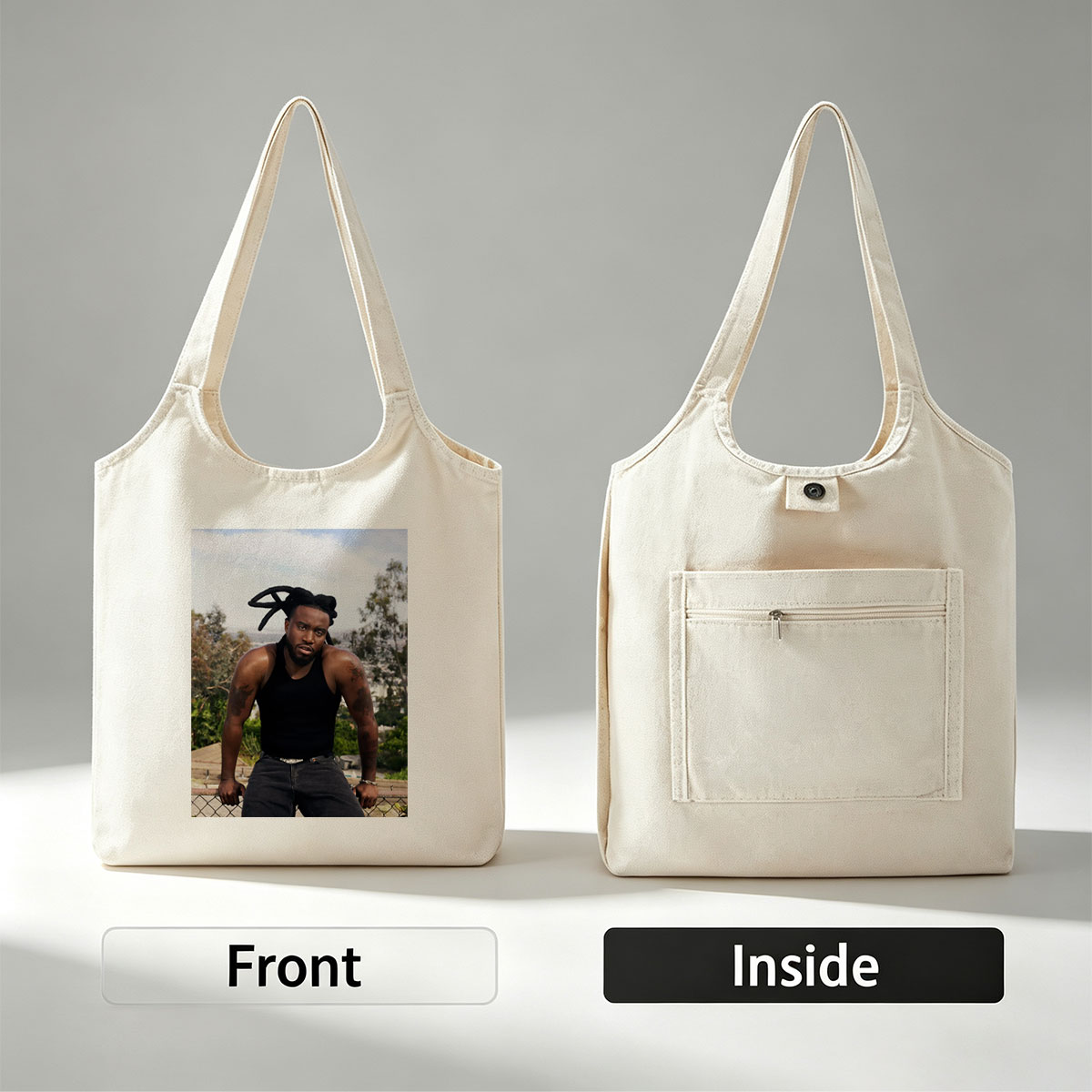 T-Pain Outdoors in Los Angeles, Wearing Black Tank Top and Jeans with Visible Tattoos and Dreads - Canvas shoulder bags/