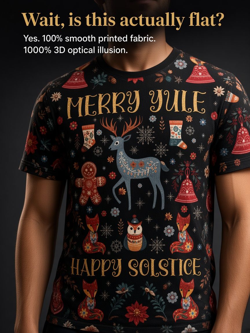 Merry Yule Happy Solstice 3D Optical Illusion Graphic Tee Breathable Athletic Mesh T-Shirt Casual Sports Wear