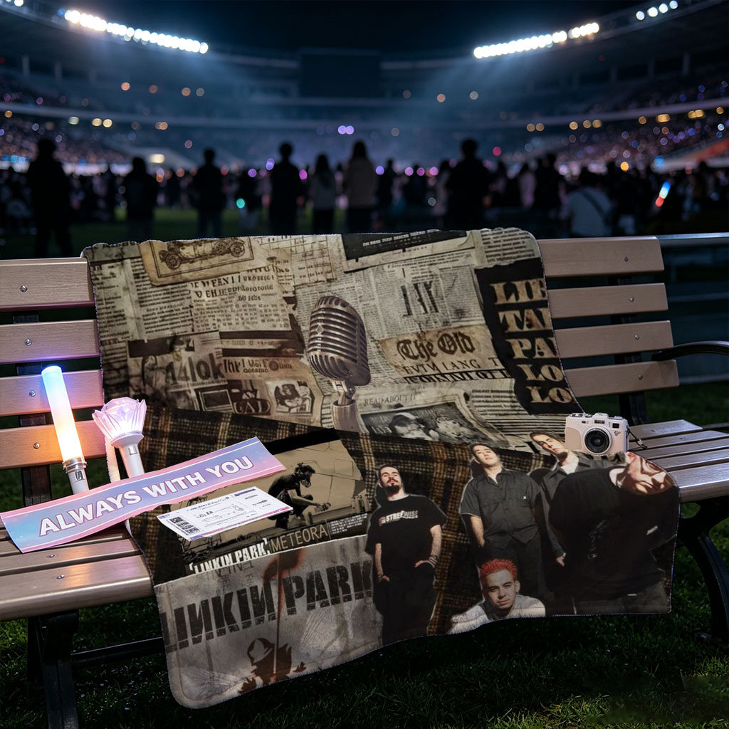 Linkin Park Band Collage Featuring Album Art, Members, and Vintage Newspaper Background - Blankets