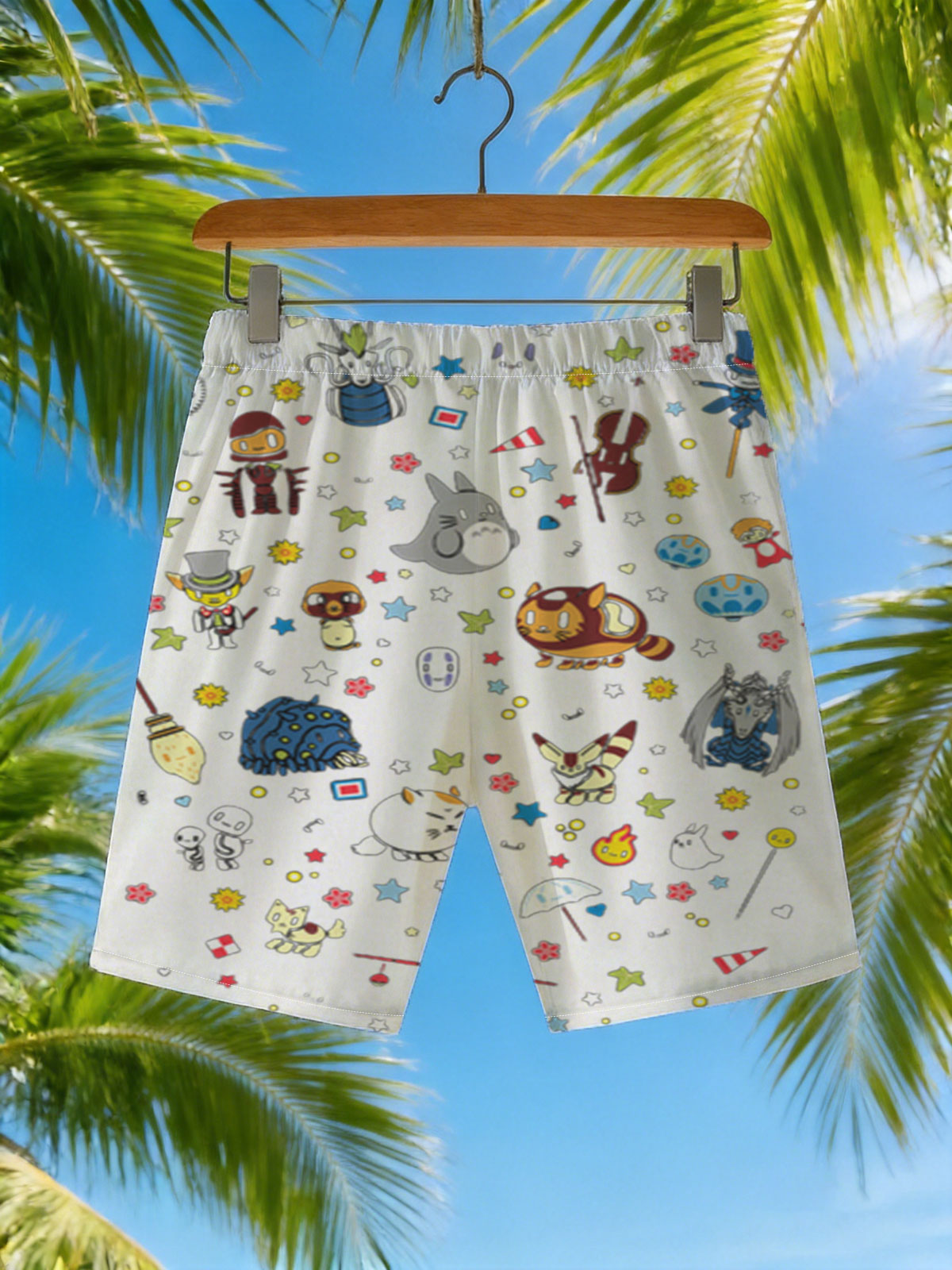 Totoro, Pikachu, and Studio Ghibli Characters in a Starry Night Parade -  Beach shorts
