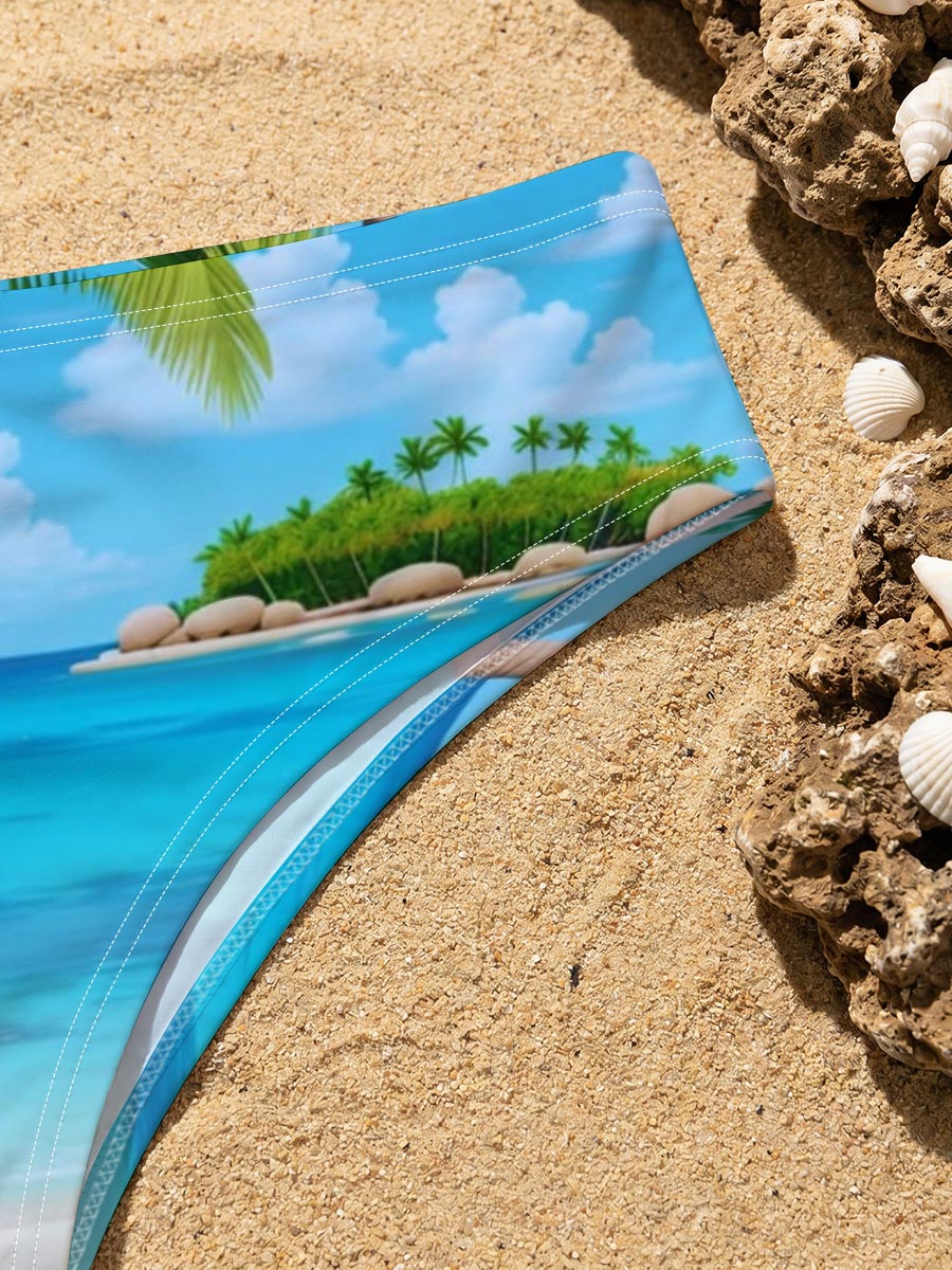 Tropical Beach with Palm Tree and Clear Blue Water -  Men's swim trunks