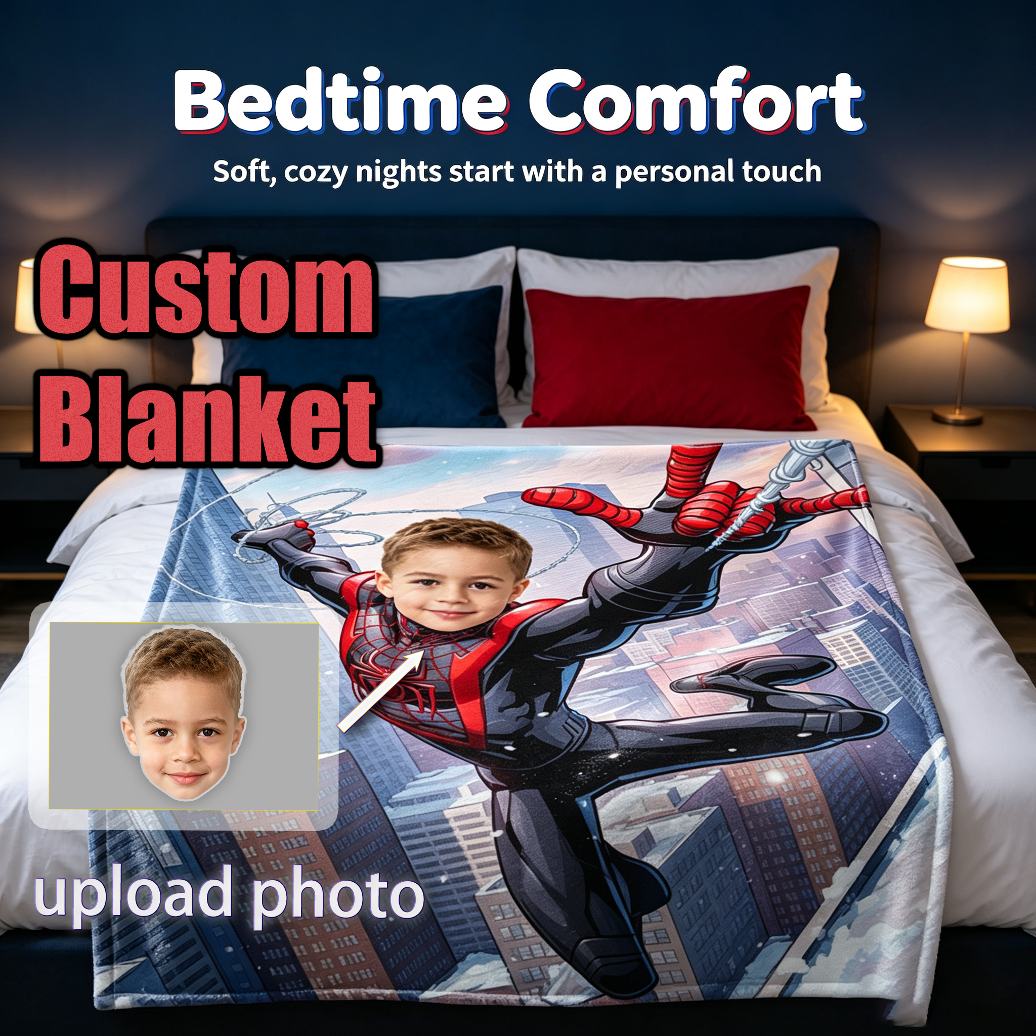 Custom Spider‑Man Miles Morales Photo Blanket, Personalized Kids Blanket Upload Photoa，Thick Flannel Throw Blanket, Superhero Custom Portrait Blanket, Birthday Gift for Boys