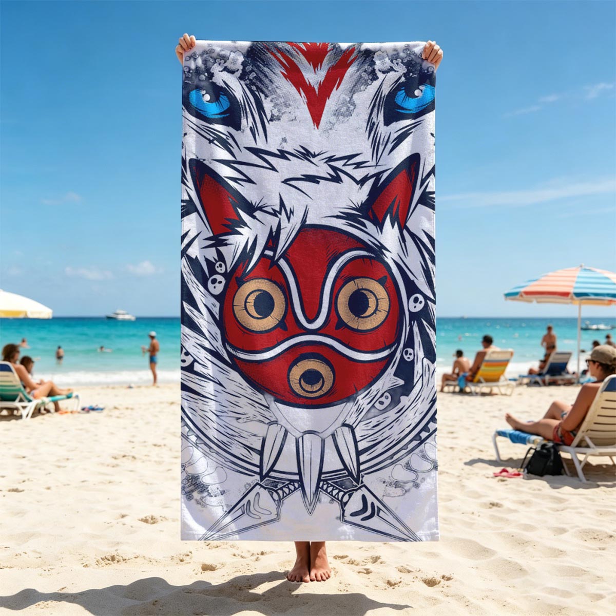 Red Masked Fox with Blue-Eyed Beast and Tribal Design - Beach towels